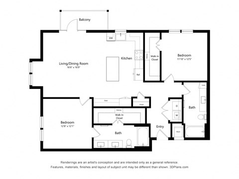 Floor plan for 2 beds, 2 baths, 1313 sqft